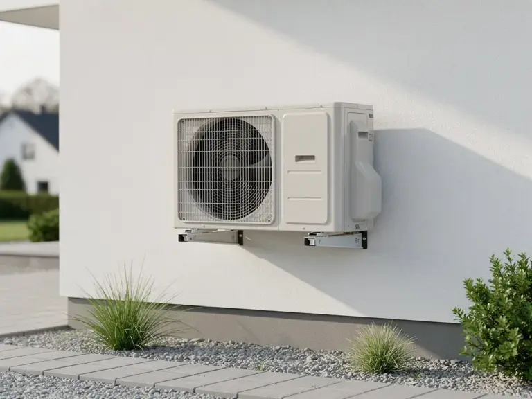 Außeneinheit einer Wärmepumpe bei Installation im Garten mit freier Luftzirkulation
