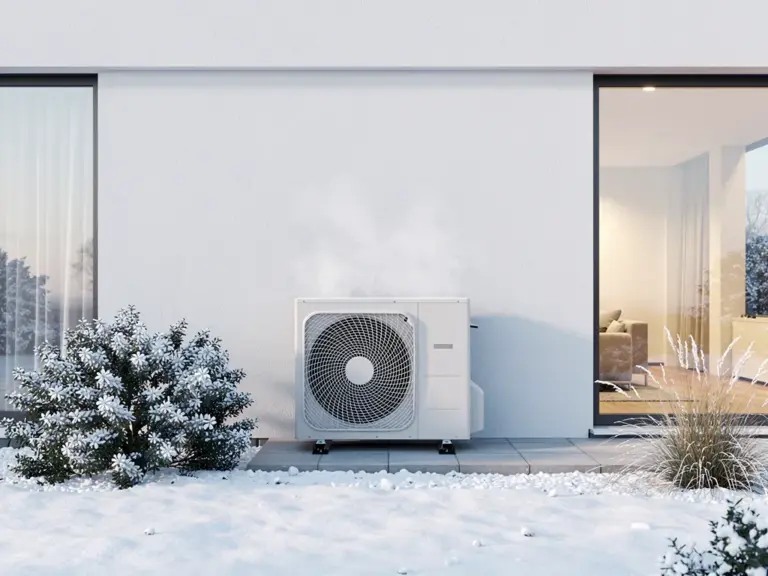 Moderne Daikin Wärmepumpe installiert an Hausfassade vor Winterkulisse