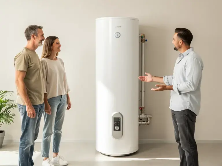 Moderne Warmwasser Wärmepumpe mit Förderhinweisen zur richtigen Beantragung und Nutzung