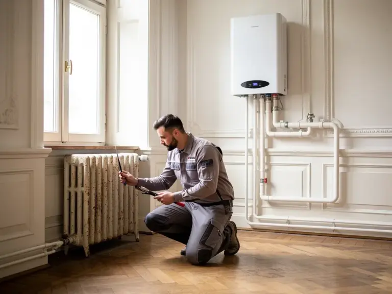 Installateur überprüft Wärmepumpe und Heiztechnik in einem Altbau während der Installation