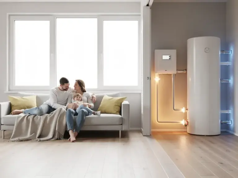 Monatliche Kosten einer Wärmepumpe realistisch verstehen Moderne Wärmepumpe in Haus bei sonnigem Wetter zur Kostenübersicht