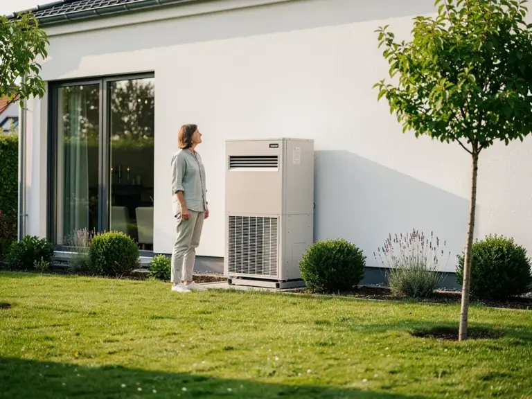 Außeneinheit einer Wärmepumpe in Gartenumgebung mit moderater Lautstärke