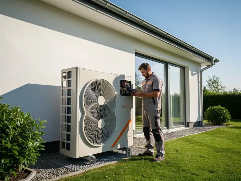 Moderne Viessmann Wärmepumpe vor Haus zur effizienten energetischen Modernisierung