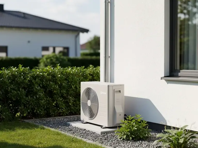 Wärmepumpe optimal positioniert mit ausreichendem Abstand zu Haus und Nachbargrundstück