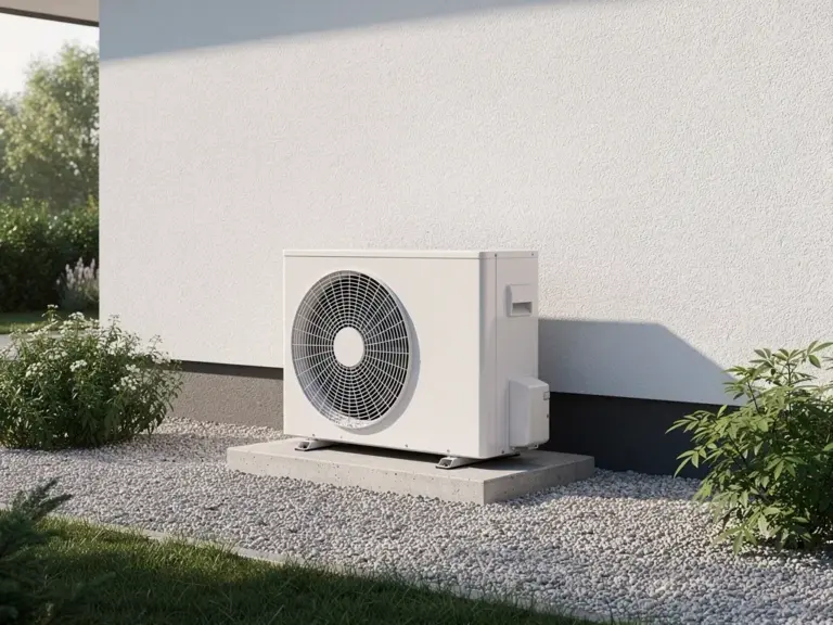 Warum der richtige Wärmepumpe Aufstellungsort entscheidend für den Betrieb ist Wärmepumpe auf ebenerdiger Fläche mit ausreichendem Wandabstand und guter Luftzirkulation