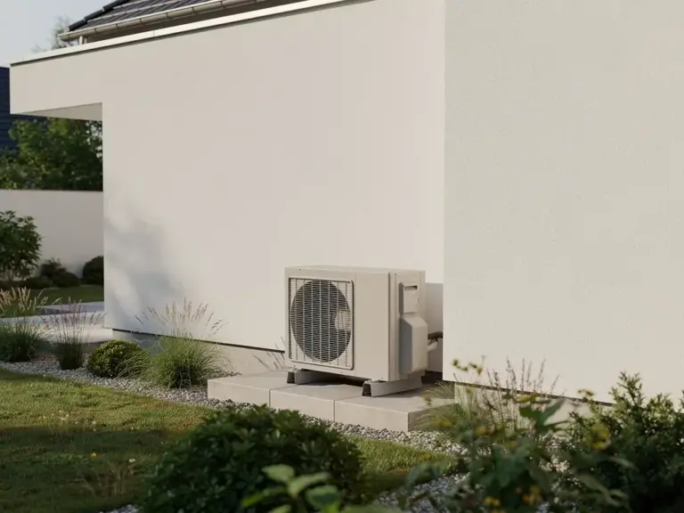 Wärmepumpe optimal auf freiem Platz mit ausreichendem Abstand zur Hauswand installiert