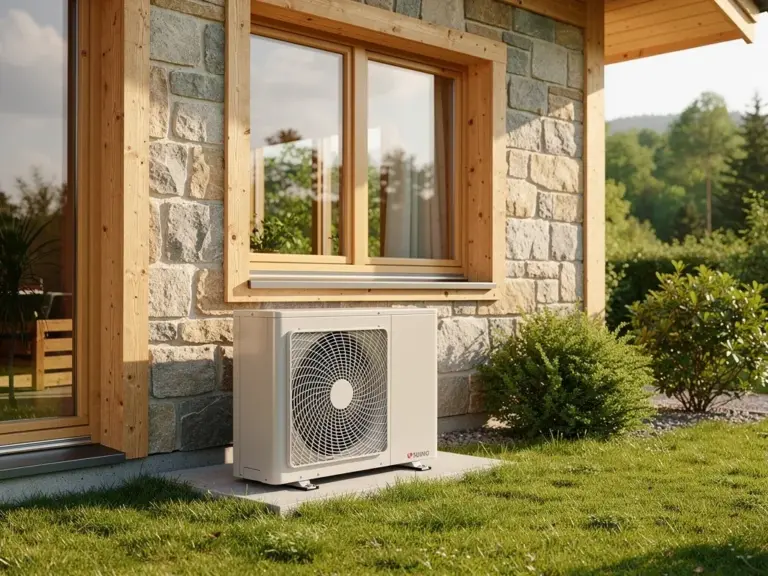 Die passende Wärmepumpe für Ihr Ferienhaus: Worauf achten? Moderne Wärmepumpe in Ferienhaus zur effizienten und nachhaltigen Beheizung installiert