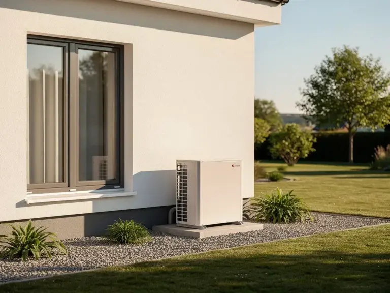 Moderne Wärmepumpe neben gut gedämmtem Neubau zur optimalen Hausheizung