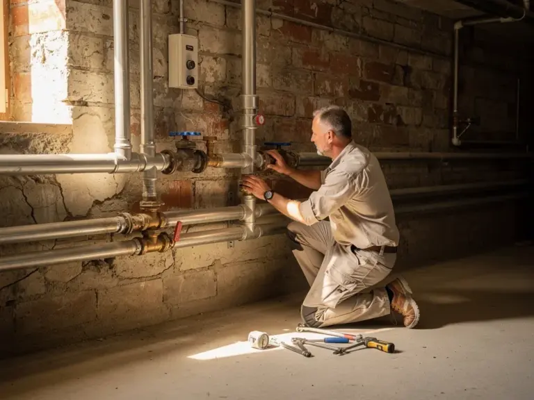 Den richtigen Installateur finden Erfahrener Wärmepumpe Installateur bei der Installation in einem sanierten Altbau
