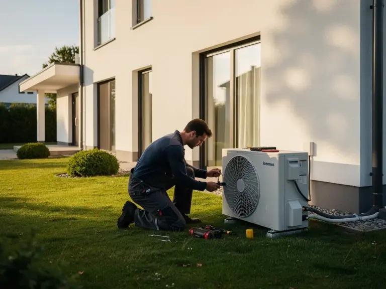 Moderne Wärmepumpe neben 200 Quadratmeter großem Einfamilienhaus zur Kostenübersicht