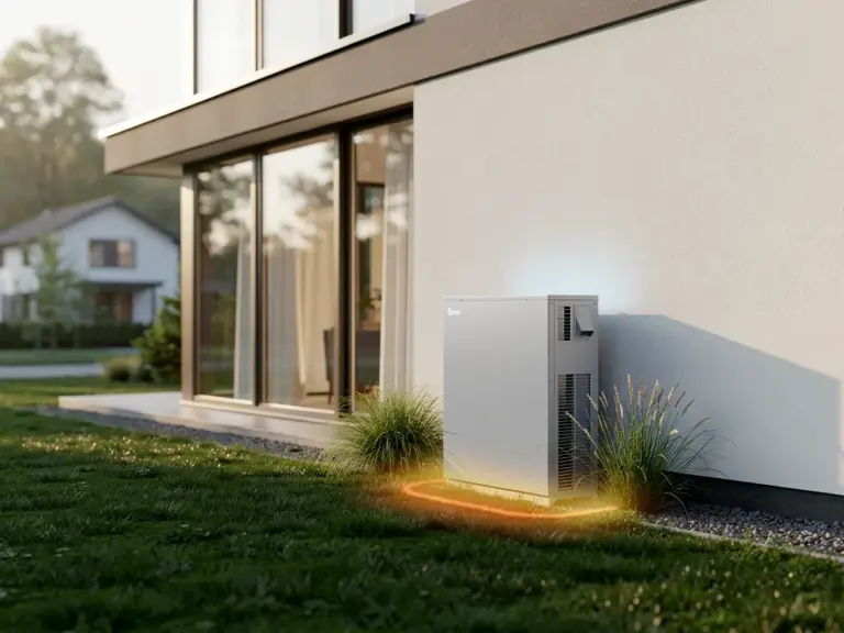 Moderne Wärmepumpe im Neubau zur effizienten Heizungsunterstützung mit verschiedenen Systemen