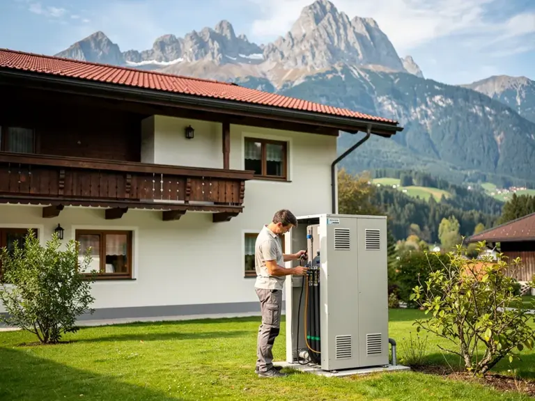 Moderne Wärmepumpe vor typischem österreichischen Wohnhaus im Alpenraum