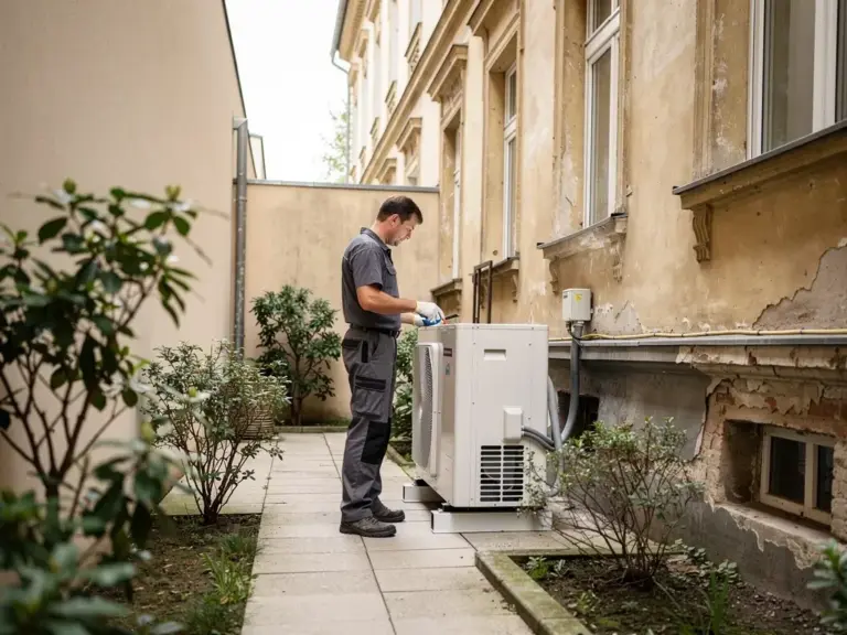 Wärmepumpe Installation im Altbau Reihenhaus mit begrenztem Platz und Nachbarschaftsschutz