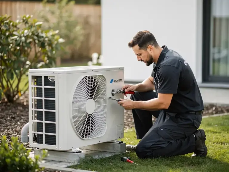 Wärmepumpe Reparatur Kosten Wärmepumpe mit geöffnetem Gehäuse während Reparaturarbeiten und Kostenerklärung