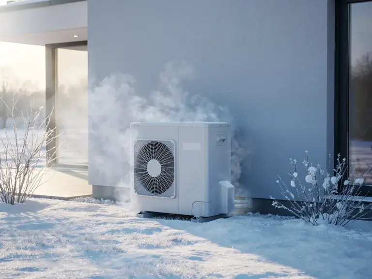 Moderne Wärmepumpe mit effizienter Steuerung zur Stromkostenoptimierung im Heizbetrieb