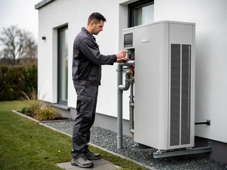 Techniker bei der Wartung einer Wärmepumpe zur langfristigen Kosteneinsparung