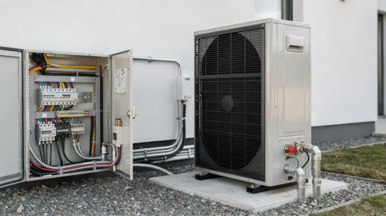 Stromversorgung der Wärmepumpe: Sicherheit und Störungen Außeneinheit einer Wärmepumpe neben Stromkasten, Zähler und Anschlussleitungen am Haus.