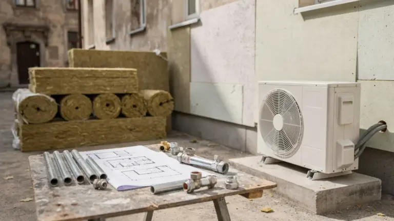 Wärmepumpe vor einem Altbau mit Dämmmaterial und Heizungsunterlagen bei der Sanierung